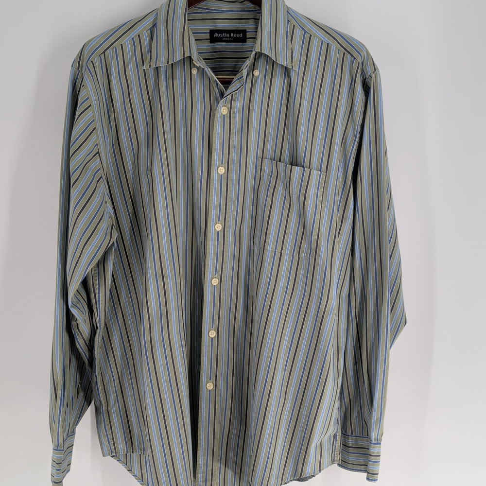 Austin Reed London Classic Striped Cotton Button Down Shirt Green Blue Size L